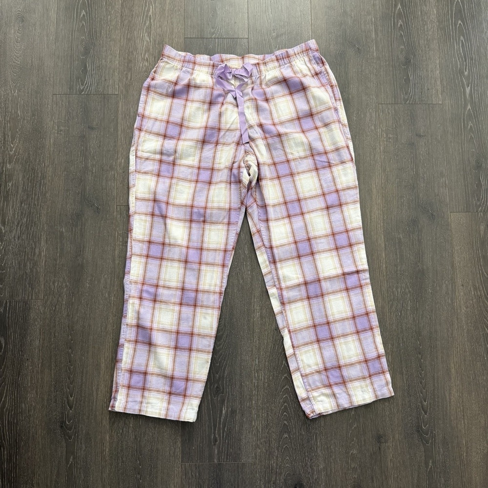 Lands End Flannel PJ Pants XL Plaid Pajamas Purple Elastic Waist Tie Pockets